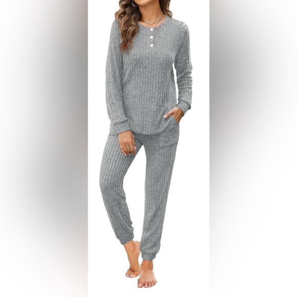 Cozy Ribbed Knit Lounge Set- Gray - Picture 2 of 5